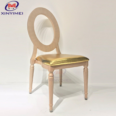 Sedile da pranzo per hotel in metallo semplice e moderno, schienale rotondo, cuscino in oro, imitazione di grano di legno